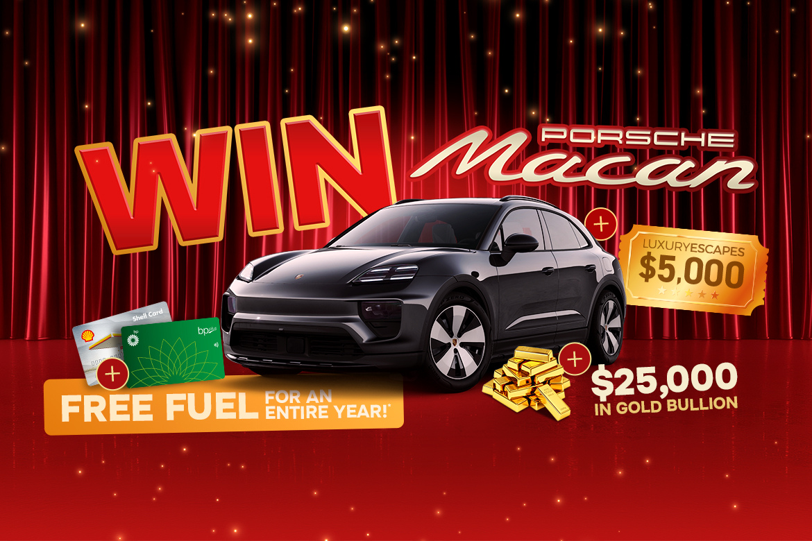 Image features a Porsche Macan 4 alongside gold bullion, a travel voucher and a petrol voucher