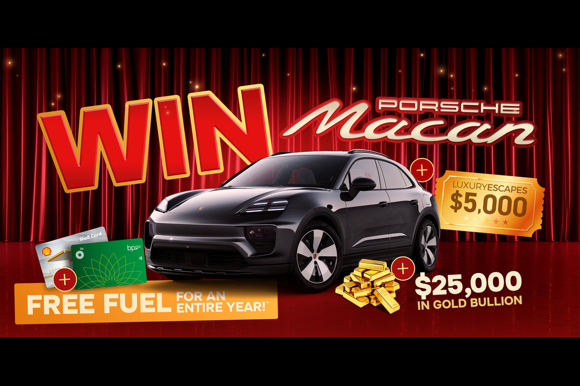 Image features a Porsche Macan 4 alongside gold bullion, a travel voucher and a petrol voucher